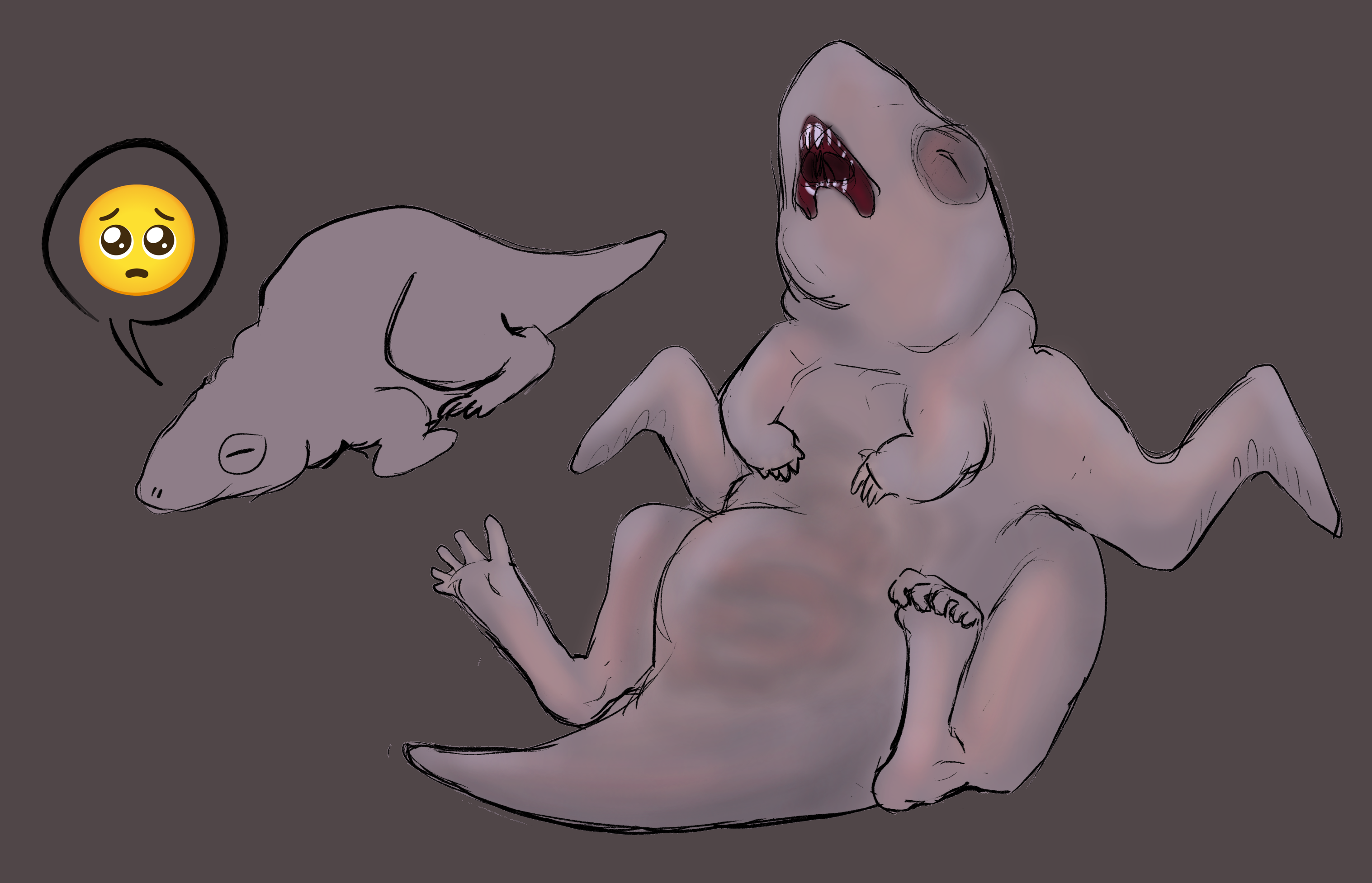 image id: another alternate baby sketch. this one is pudgier and looks more like a human baby but still with a shark head. it has gross grubby little paws and itty bitty featherless wings and a stubby tail. adorable sopping wet pathetic flesh beast. end id.